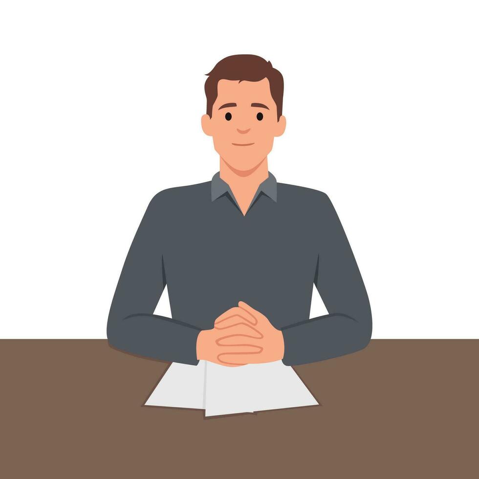Confident male job candidate hold CV with all filled form application. Successful man work applicant show excellent experience at interview. vector