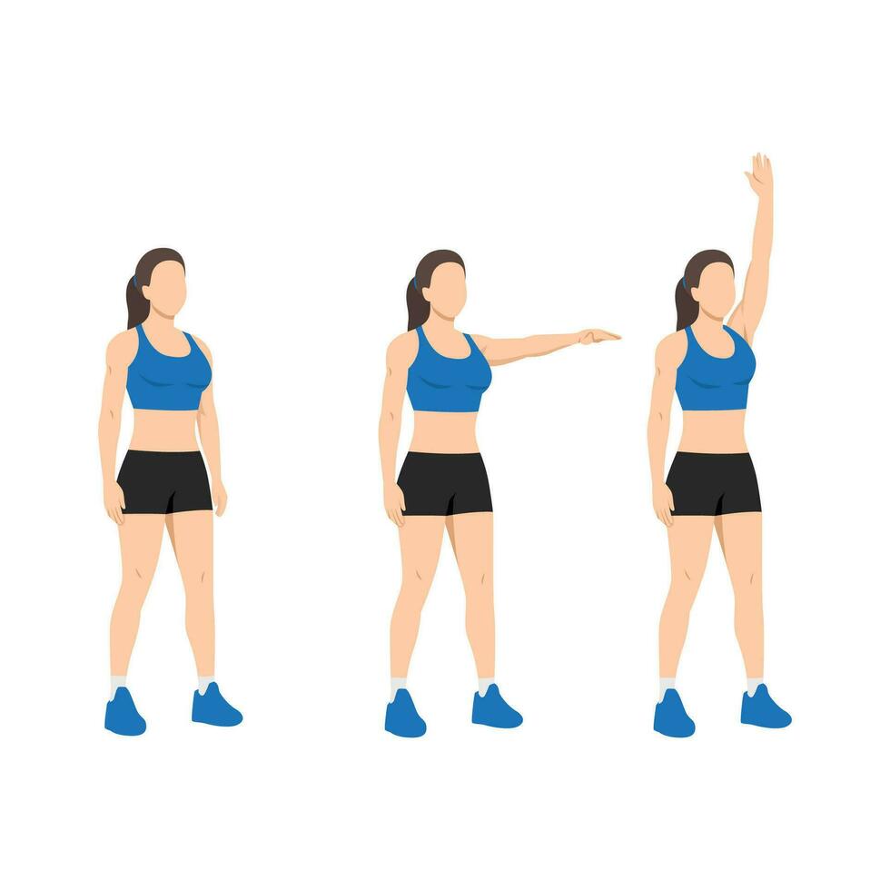 Woman doing single arm front raises to overhead extension. vector