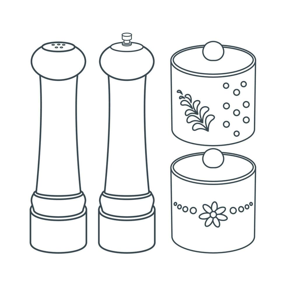 Dishes. Kitchen pepper, salt shaker and kitchen jars for spices. Line art. vector