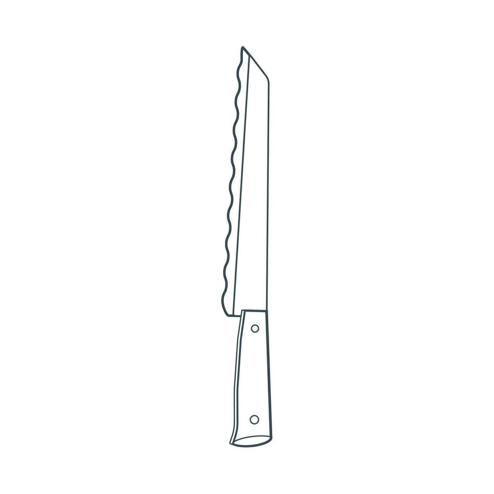 Dishes. A kitchen knife with a wavy blade for bread. Line art. vector