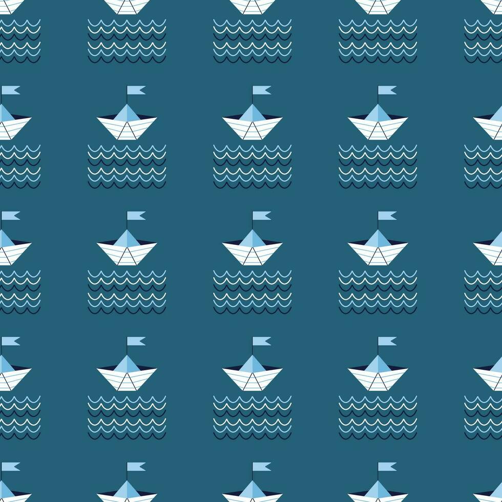 Pattern on a marine theme with paper boat, ornament. vector