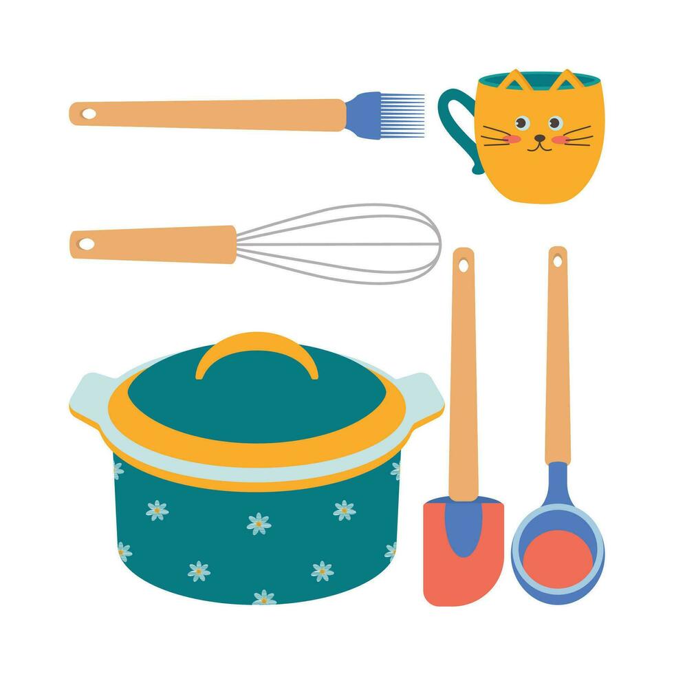 A set of kitchen utensils, a saucepan, a spoon, a mug, a whisk, a ladle. vector