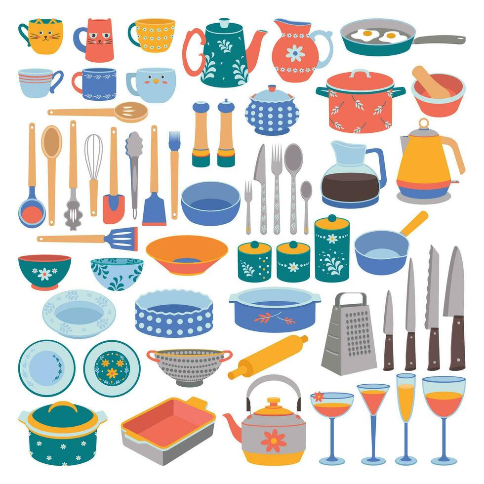 Kitchen utensils, spoon, fork, knife, kettle, pitcher, mug, whisk, ladle, plate, bowl. vector