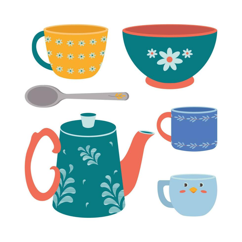 un conjunto de cocina utensilios, un cuchara, un pava, un taza, un lámina, un bol. vector