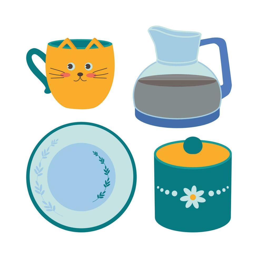 A set of kitchen utensils, a kettle, a coffee maker, a mug, a sugar jar, a plate, a bowl. vector