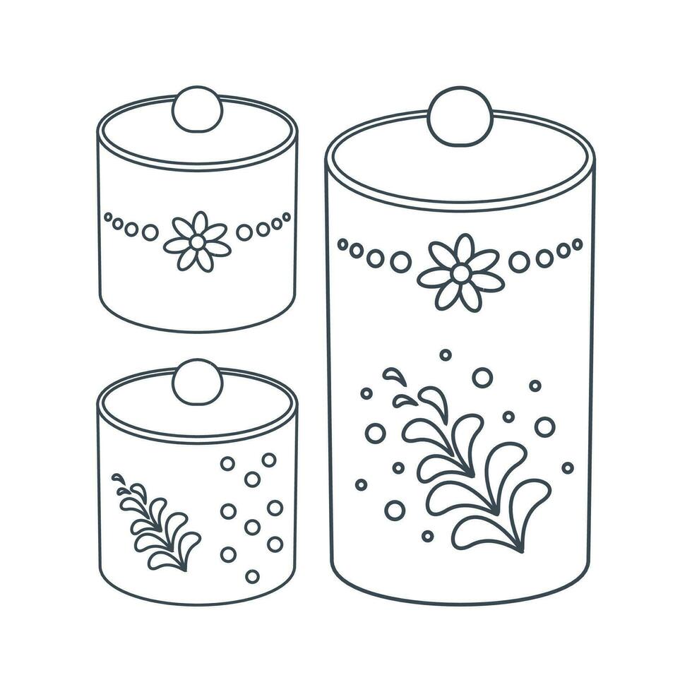Dishes. A set of kitchen jar for sugar, spices, seasonings with floral ornament. Line art. vector
