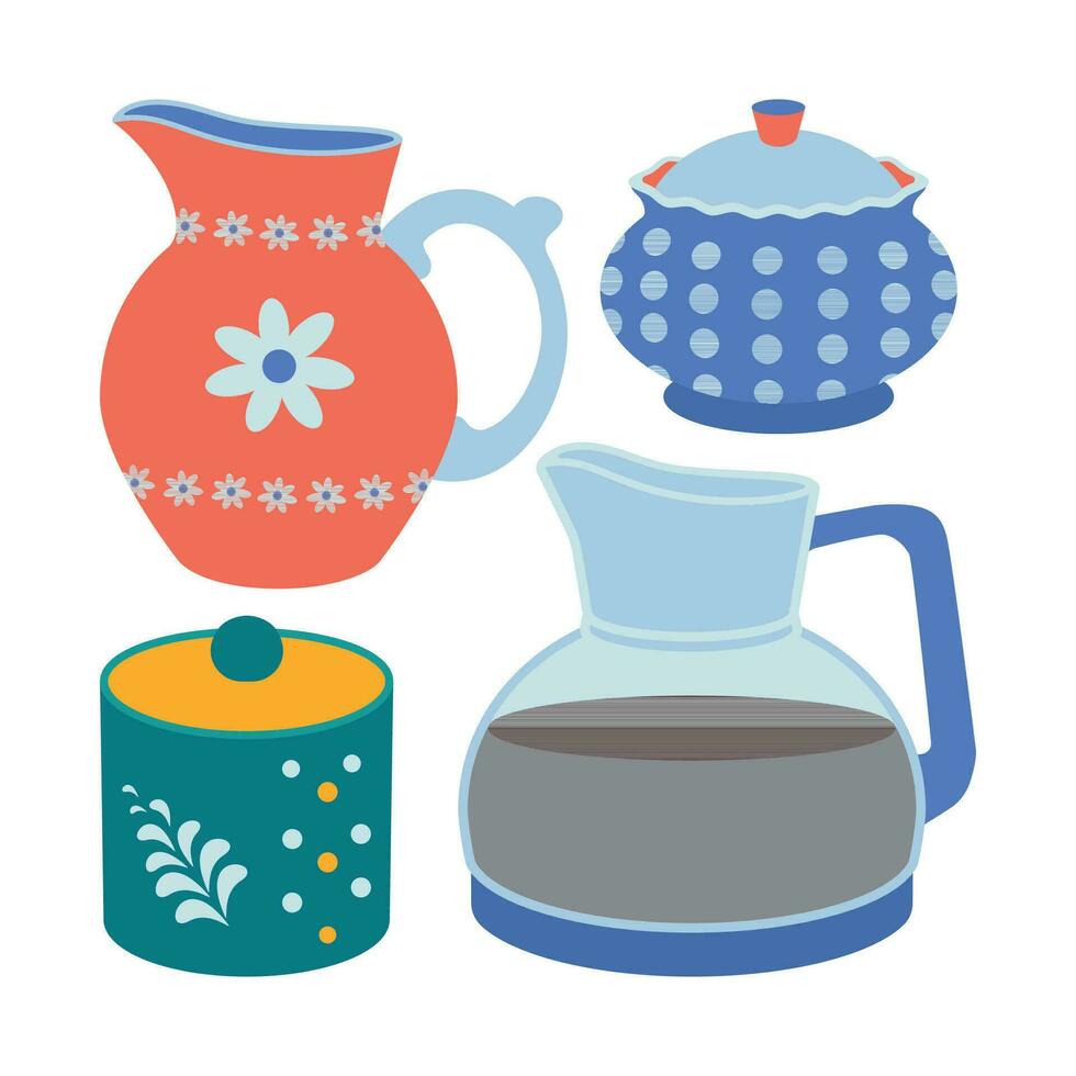 A set of kitchen utensils, a spoon, a kettle, a mug, a sugar jar, spatula, a ladle. vector