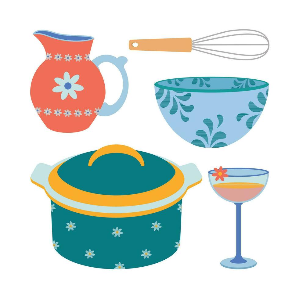 A set of kitchen utensils, a saucepan, a jug, a whisk, a plate, a bowl, glasses. vector