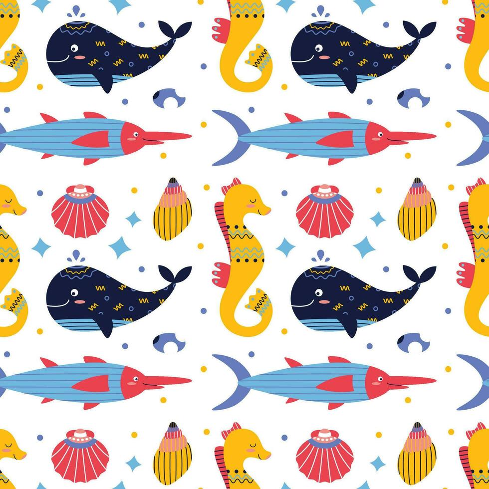 Pattern on a marine theme with fish, shell, rocks, seahorse, whale, swordfish, ornament. vector