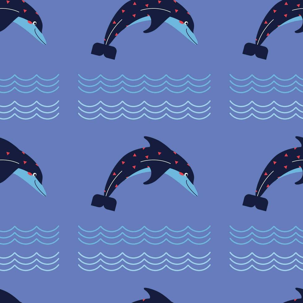 Pattern on a marine theme with dolphin, ornament. vector