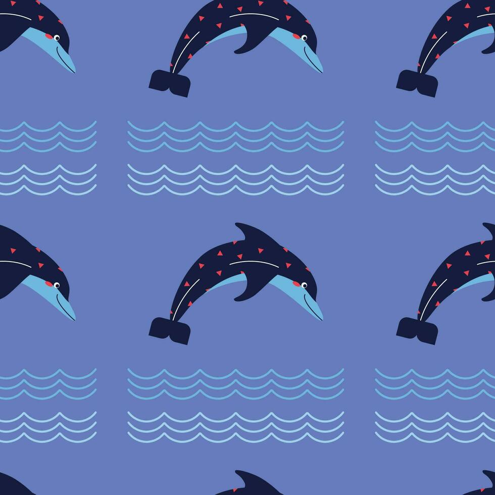 Pattern on a marine theme with dolphin, ornament. vector