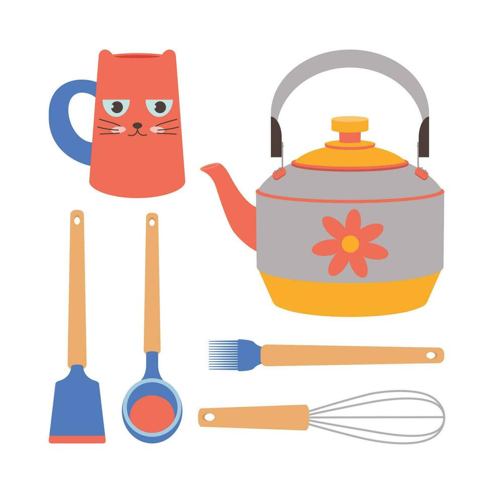 A set of kitchen utensils, a kettle, a mug, a whisk, spatula, a ladle. vector