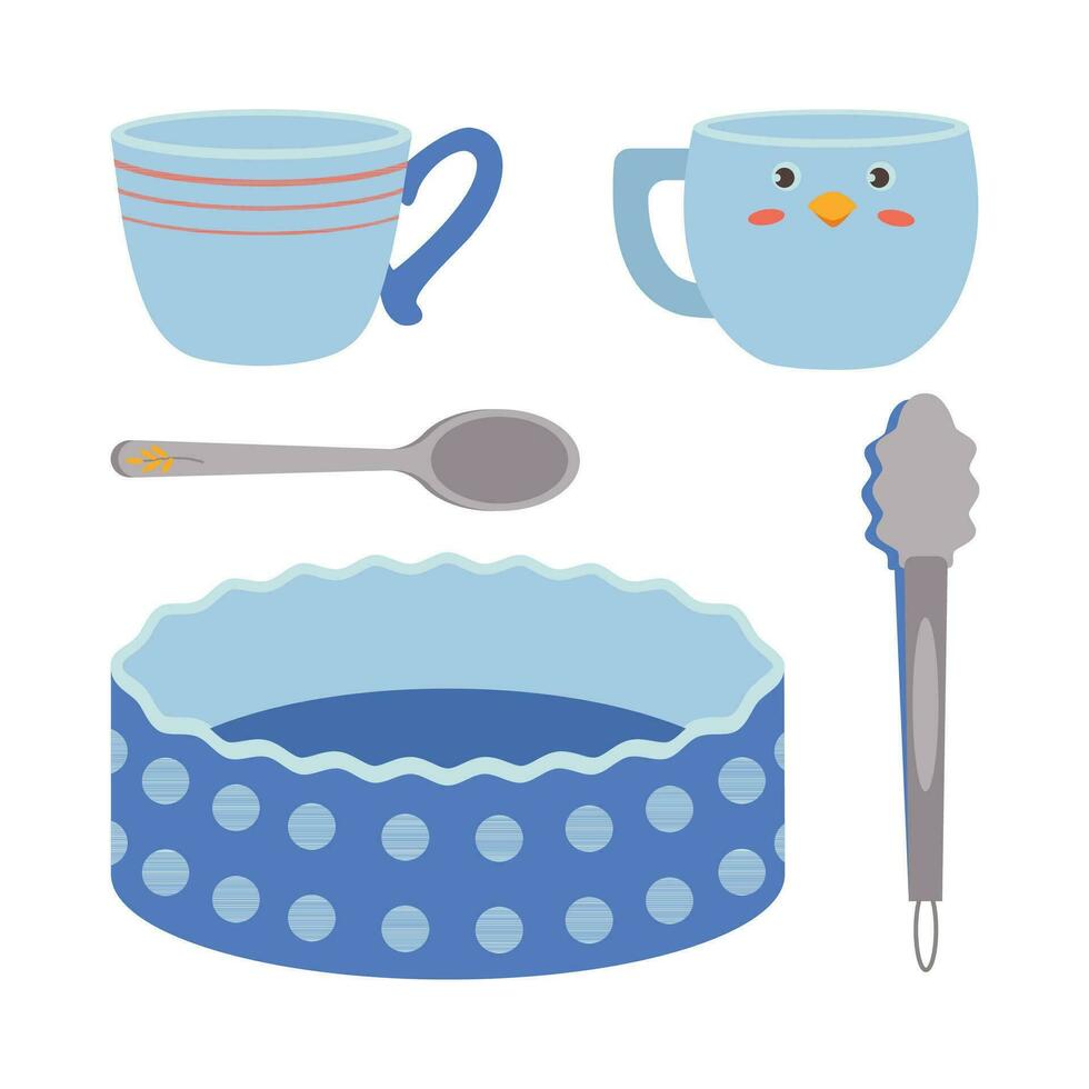 A set of kitchen utensils, a saucepan, a spoon, a mug, a baking dish. vector