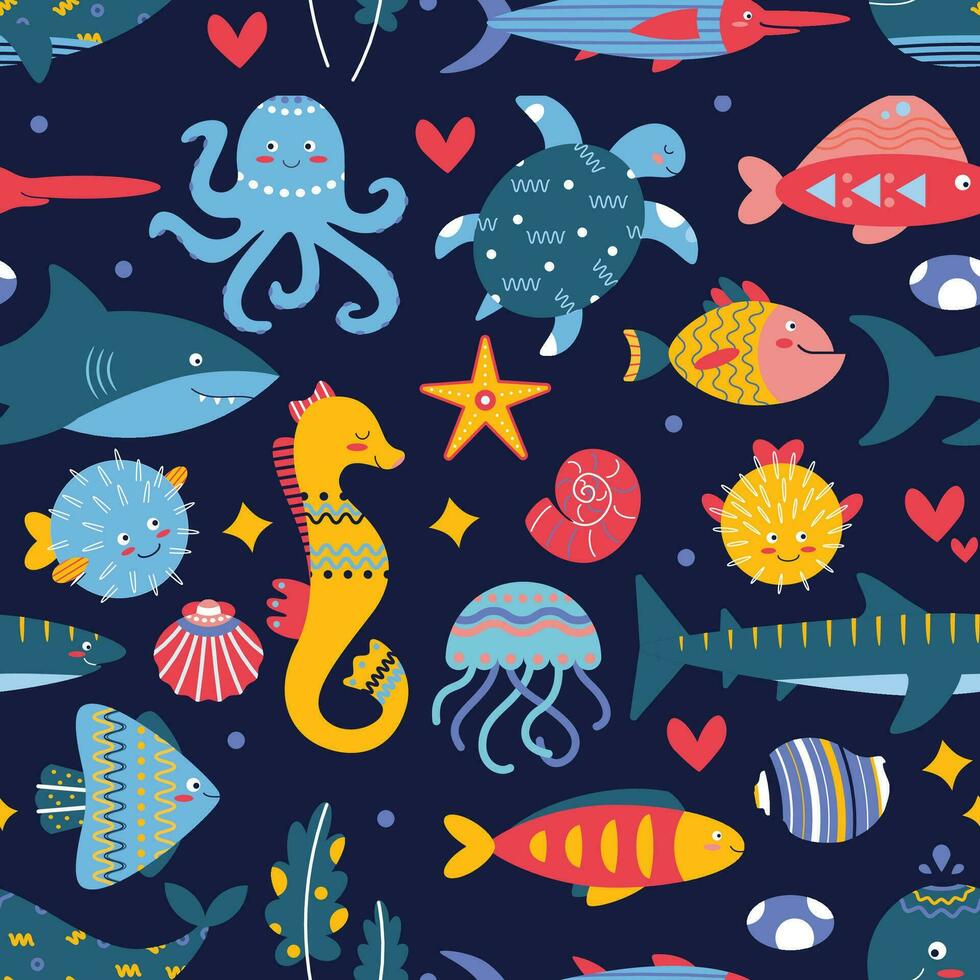 Pattern on a marine theme with shell, seaweed, seahorse, puffer fish, jellyfish, octopus. vector