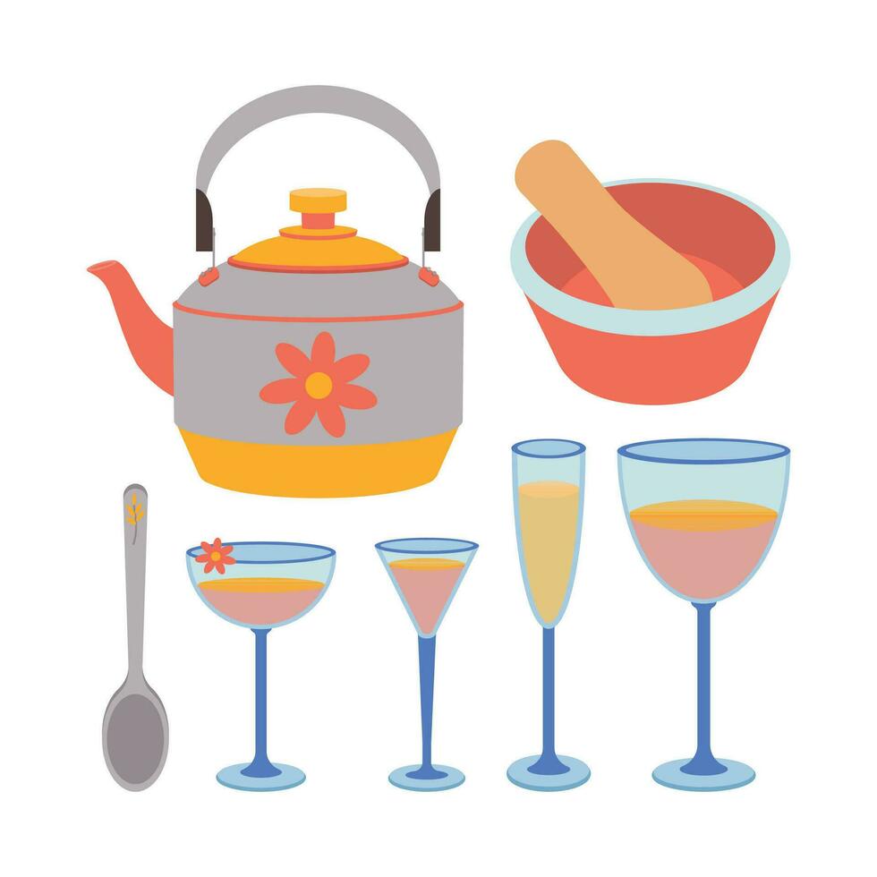 un conjunto de cocina utensilios, un cuchara, un pava, un mortero y majadero, lentes. vector