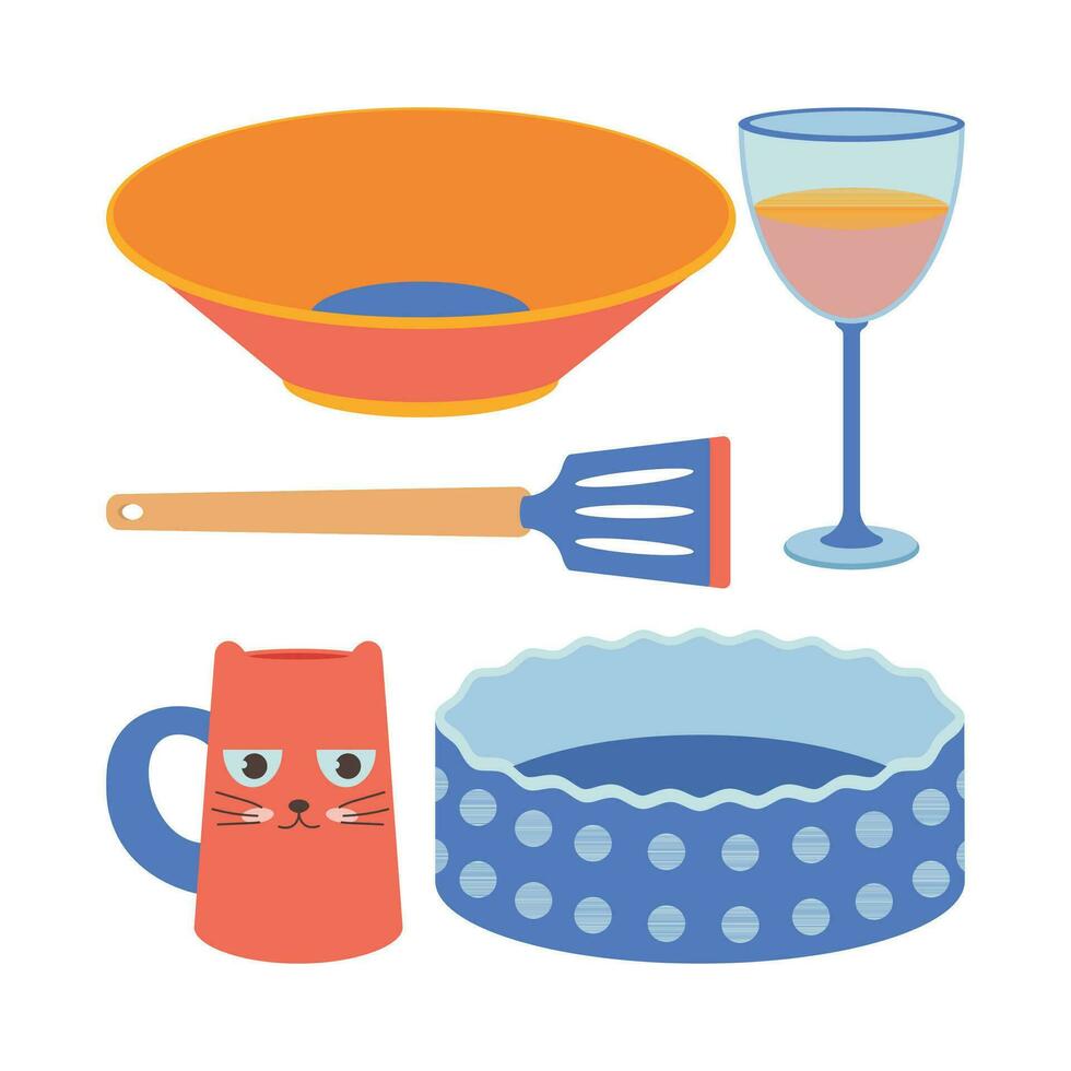 A set of kitchen utensils, a mug, a plate, a bowl, a baking dish, spatula. vector