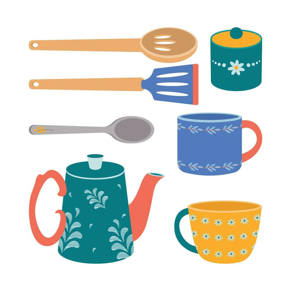 un conjunto de cocina utensilios, un cuchara, un pava, un taza, un azúcar frasco, espátula, un cucharón. vector