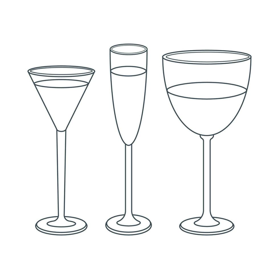 platos. un conjunto de vaso, cóctel, champán, Copa de vino con un beber. línea Arte. vector