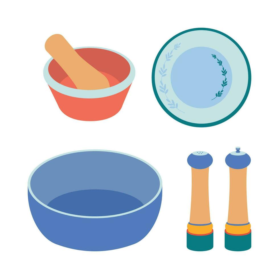 A set of kitchen utensils, salt and pepper shaker, a plate, a bowl, a mortar and pestle. vector