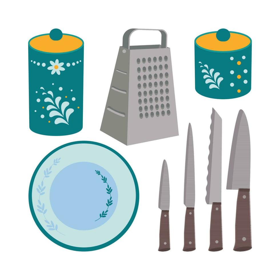 A set of kitchen utensils, a knife, a sugar jar, a plate, a bowl, grater. vector