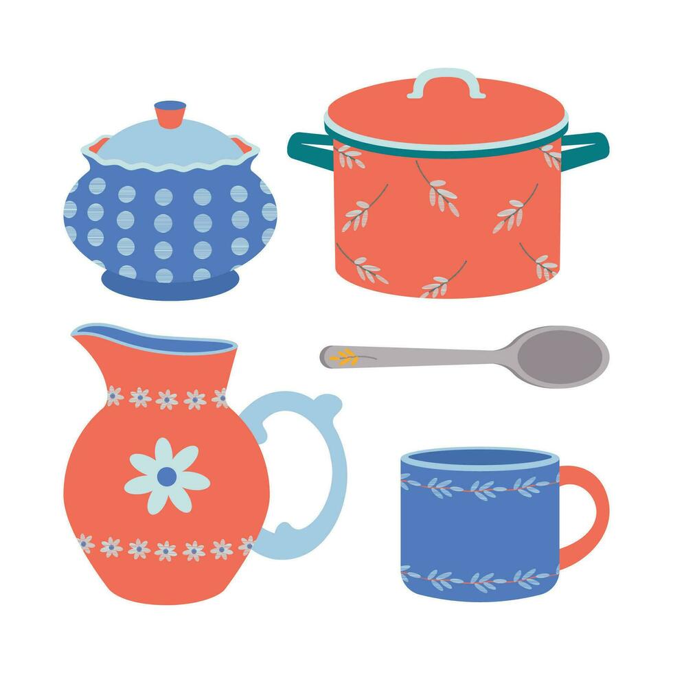 A set of kitchen utensils, a saucepan, a spoon, a teaspoon, a jug, a mug, a sugar jar. vector