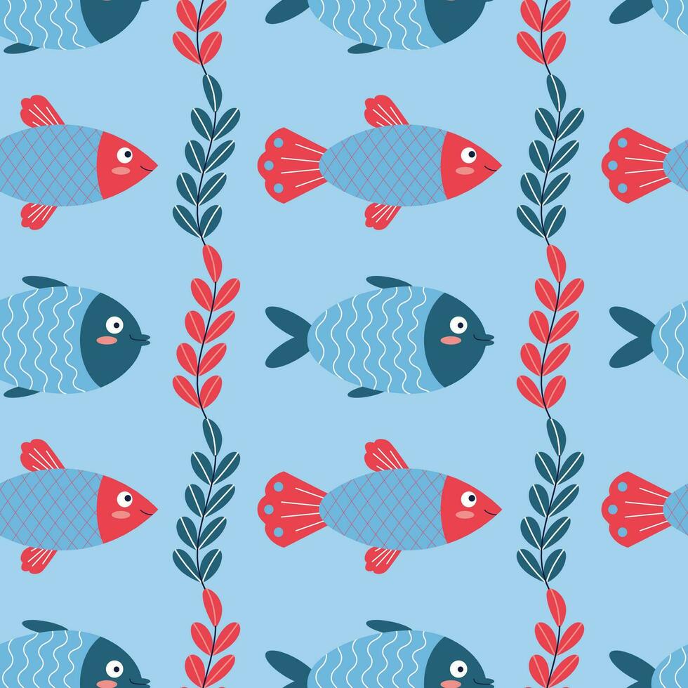 Pattern on a marine theme with fish, seaweed, ornament. vector