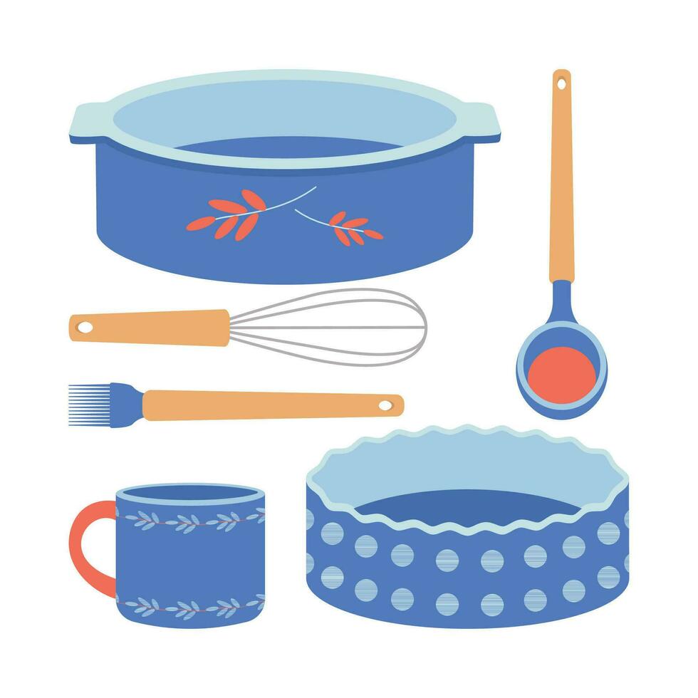 A set of kitchen utensils, a mug, a whisk, a ladle, a bowl, a baking dish. vector