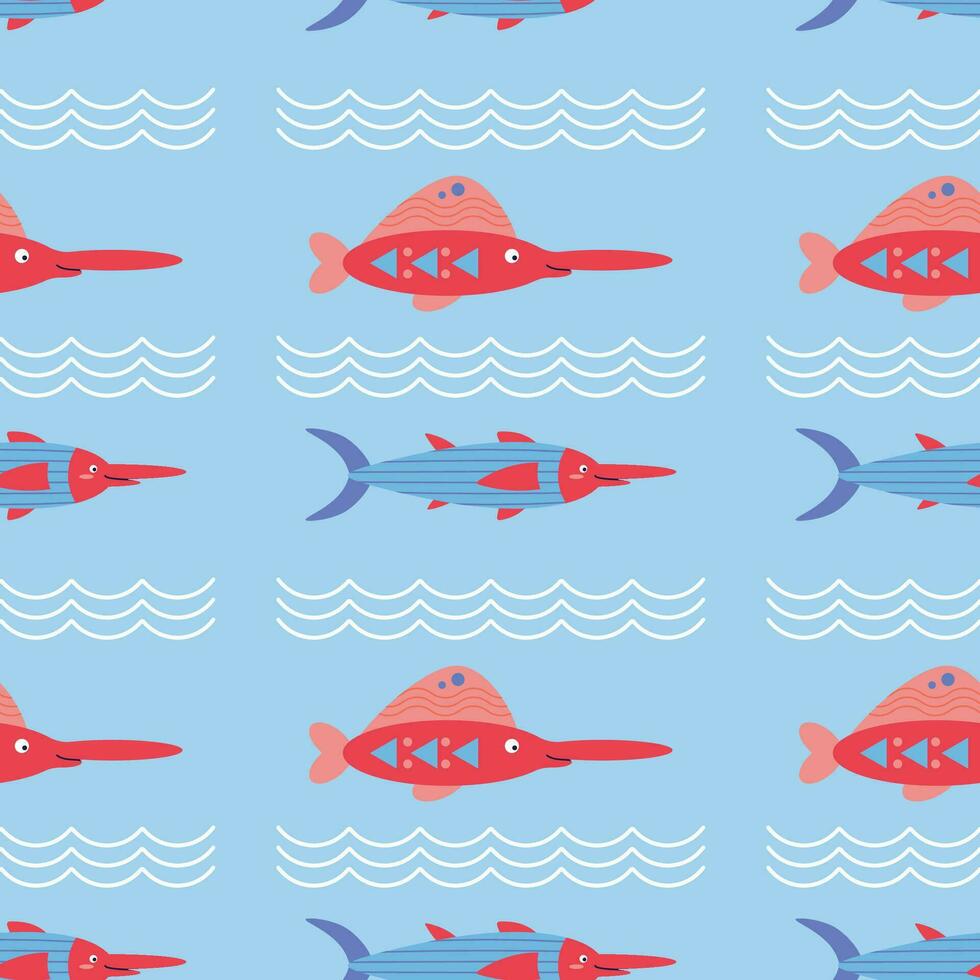 Pattern on a marine theme with fish, swordfish, ornament. vector