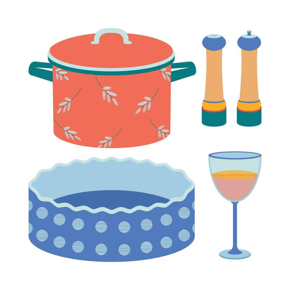 un conjunto de cocina utensilios, sal y pimienta criba vibradora, un cacerola, un horneando plato, lentes para vino. vector