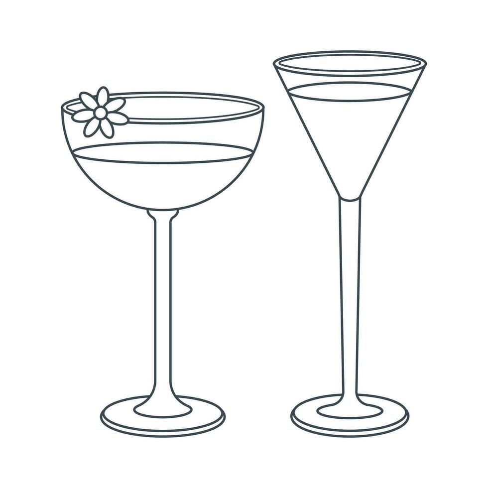 Dishes. A set of glass, cocktail, wineglass with a drink. Line art. vector