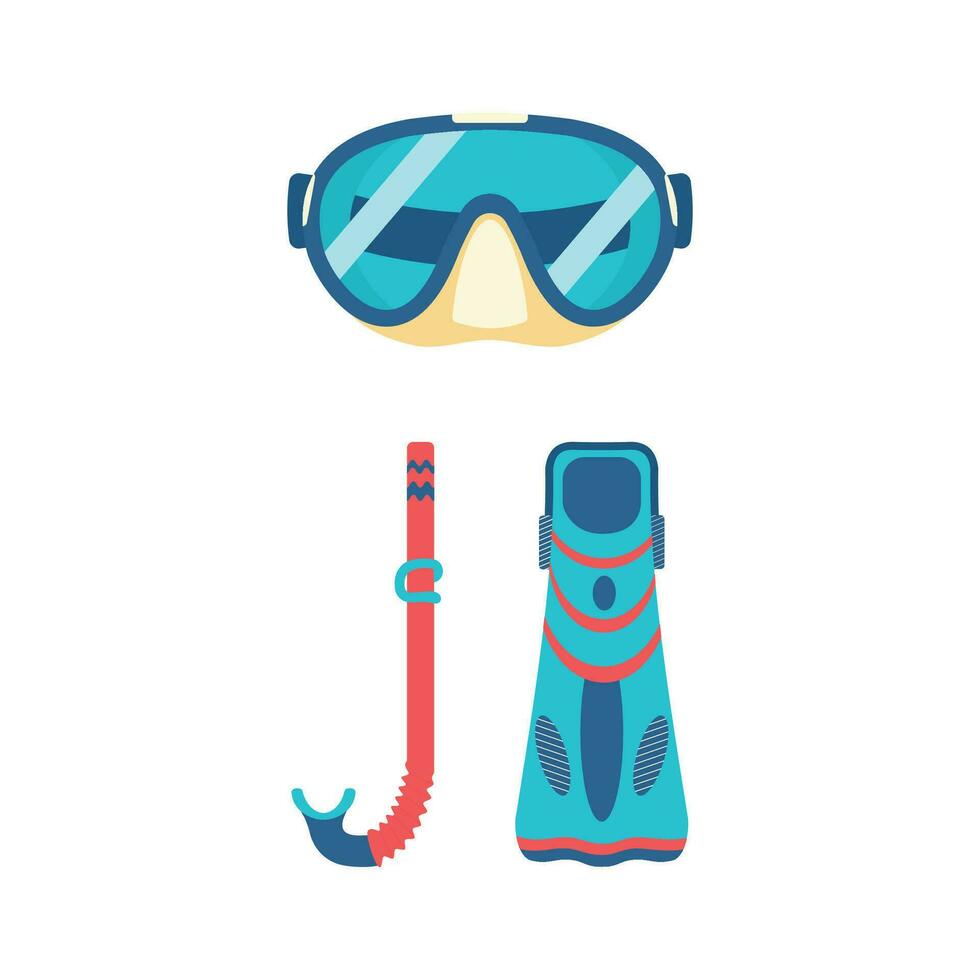 Flippers, mask and tube for scuba diving, snorkeling. Beach set for summer trips. vector