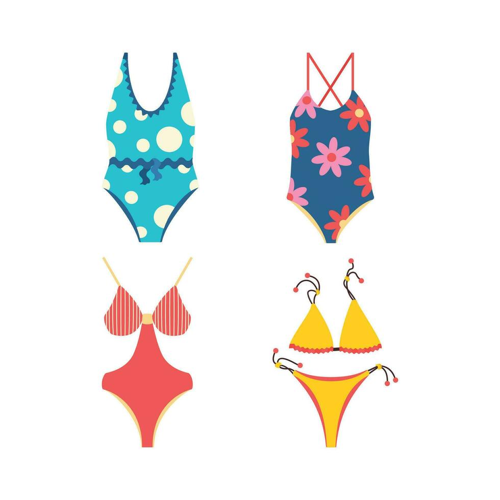 The swimsuit is compatible and separate. Beach set for summer trips. Vacation accessories for sea vacations. vector