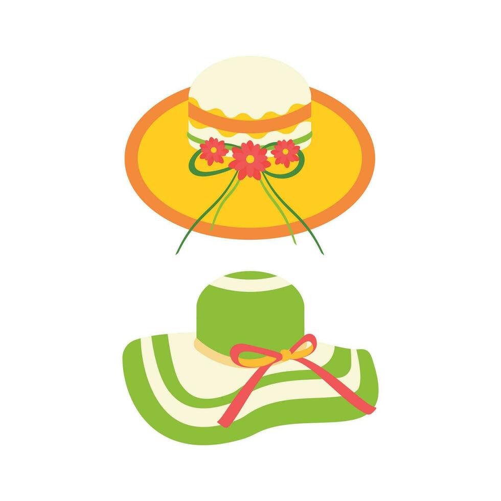 Beach hats with flowers on a ribbon. Beach set for summer trips. Vacation accessories for sea vacations. vector