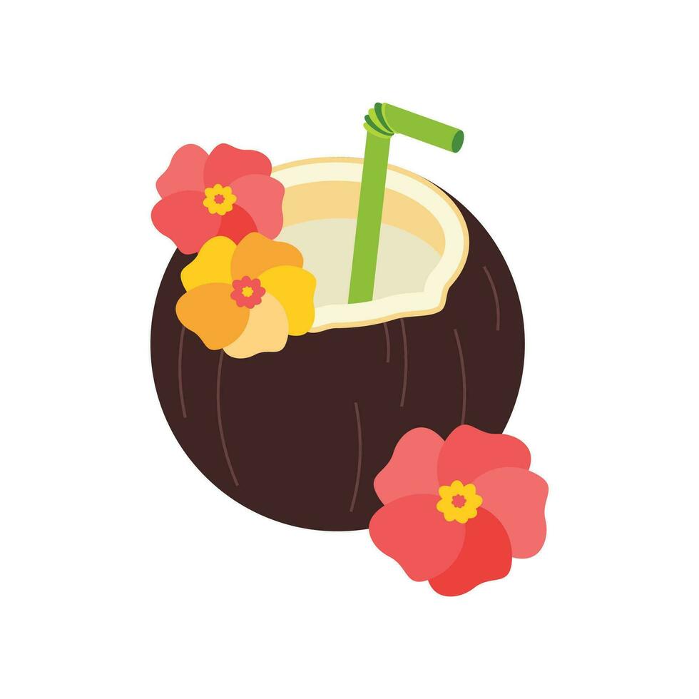 Cocktail in coconut. Beach set for summer trips. Vacation accessories for sea vacations. vector