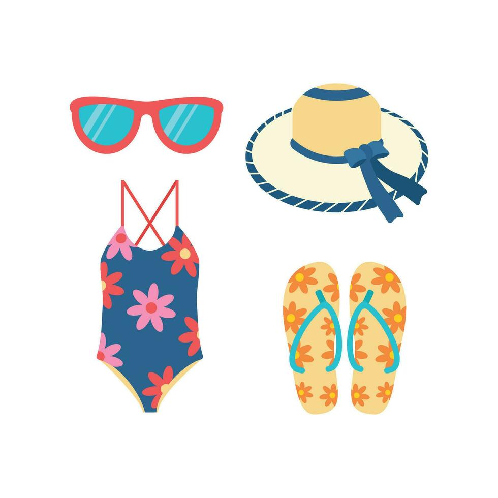 Inflatable circle in the shape of a unicorn, slippers, flip-flops, the swimsuit is separate, beach chair, sunbed, umbrella. vector