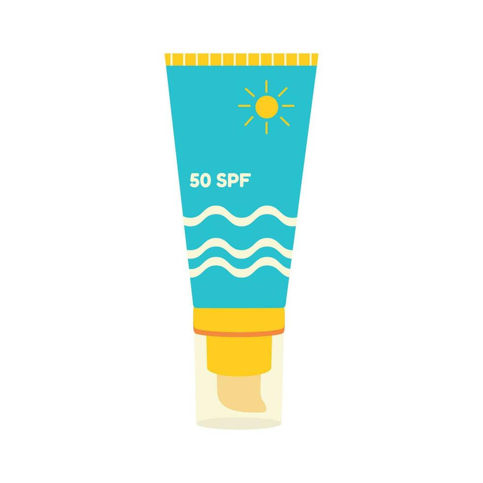 Beach set for summer trips. Vacation accessories for sea vacations. Sun cream, 30 spf. vector