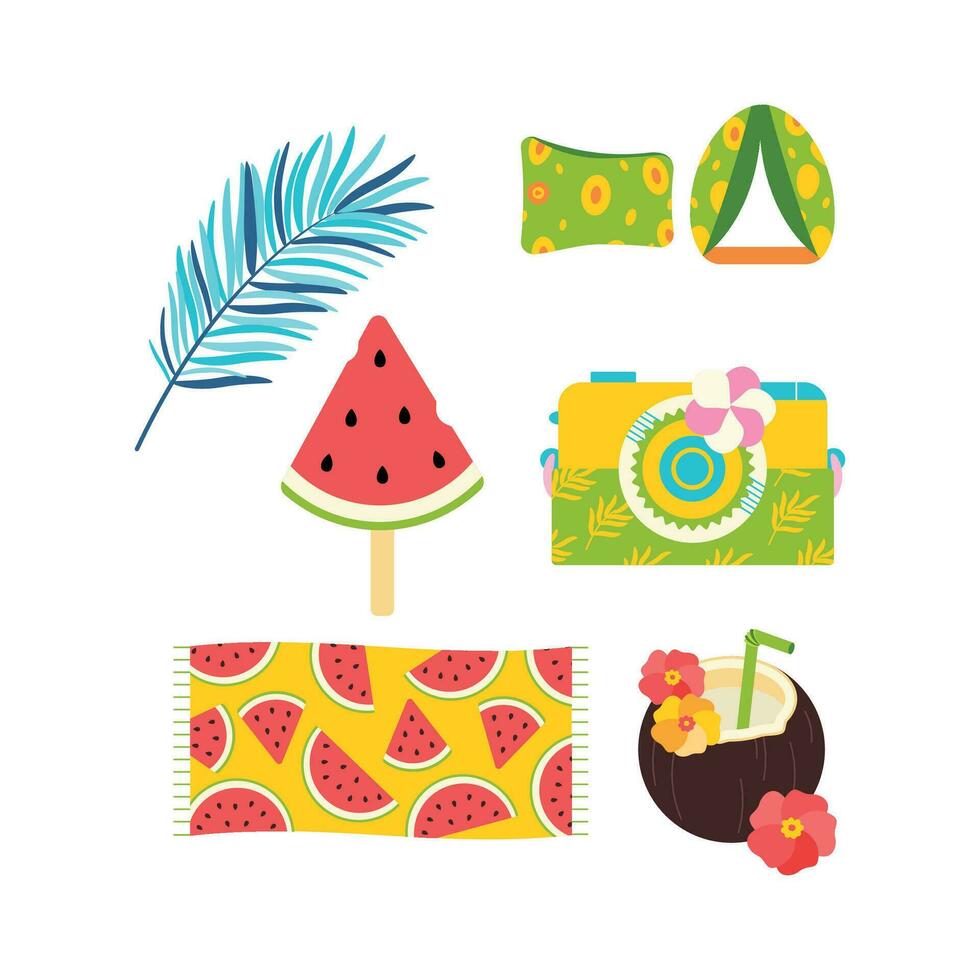 Palm leaves, inflatable cuffs, camera, beach towel, cocktail in coconut, watermelon ice cream. Beach set for summer trips. vector