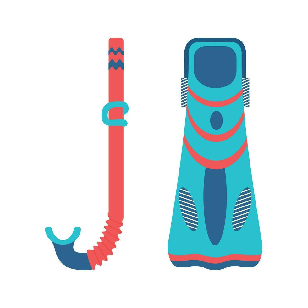 Flippers and tube for scuba diving, snorkeling. Beach set for summer trips. vector
