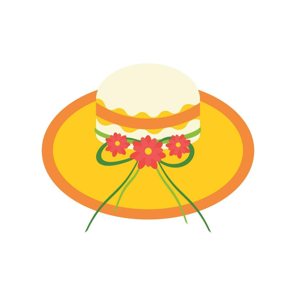 Beach hat with flowers on a ribbon. Beach set for summer trips. Vacation accessories for sea vacations. vector
