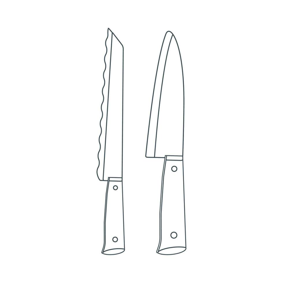 Dishes A set of kitchen knives. Line art. vector