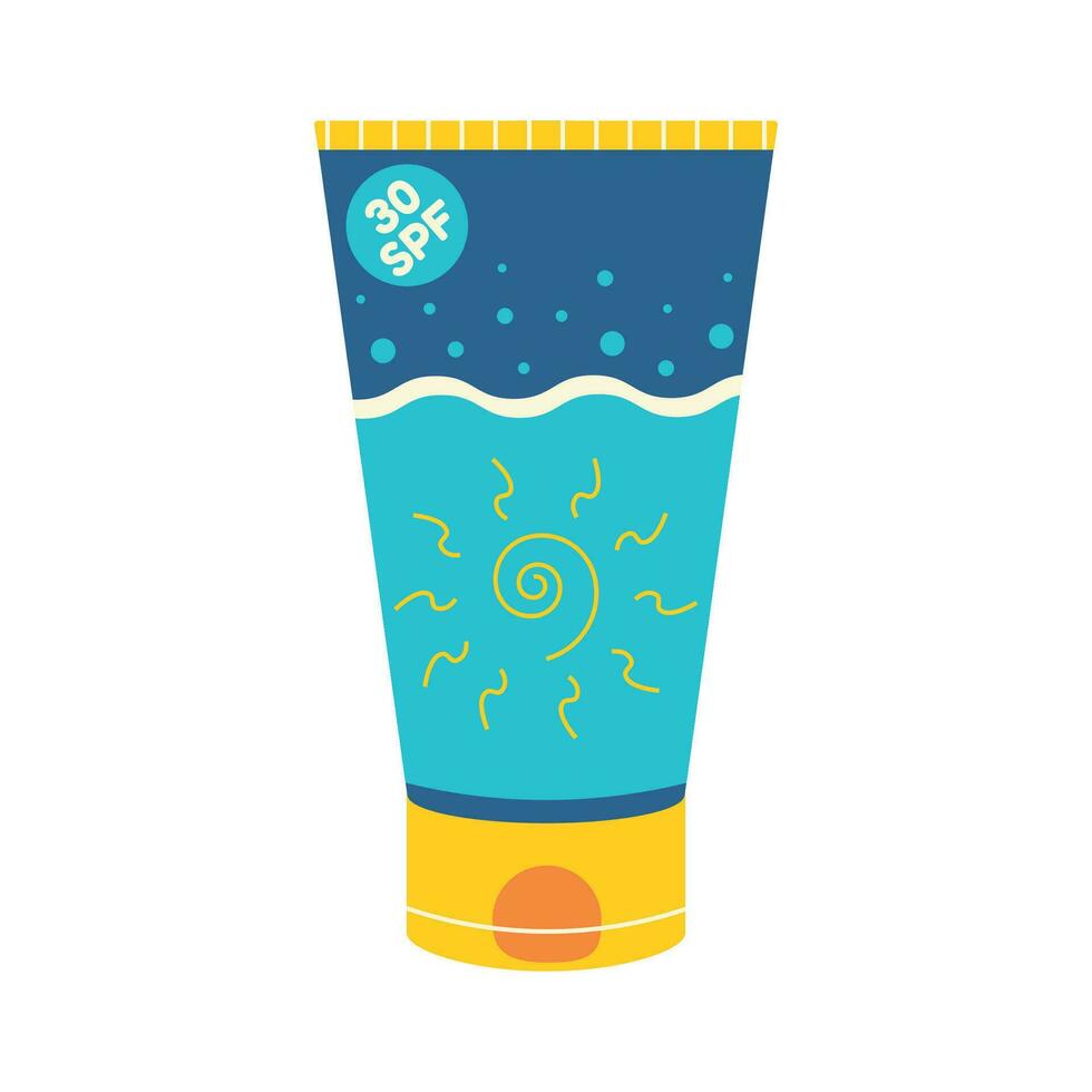 Beach set for summer trips. Vacation accessories for sea vacations. Sun cream, 30 spf. vector