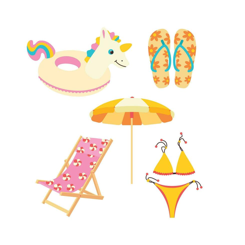 Inflatable circle in the shape of a unicorn, slippers, flip-flops, the swimsuit is separate, beach chair, sunbed, umbrella. vector