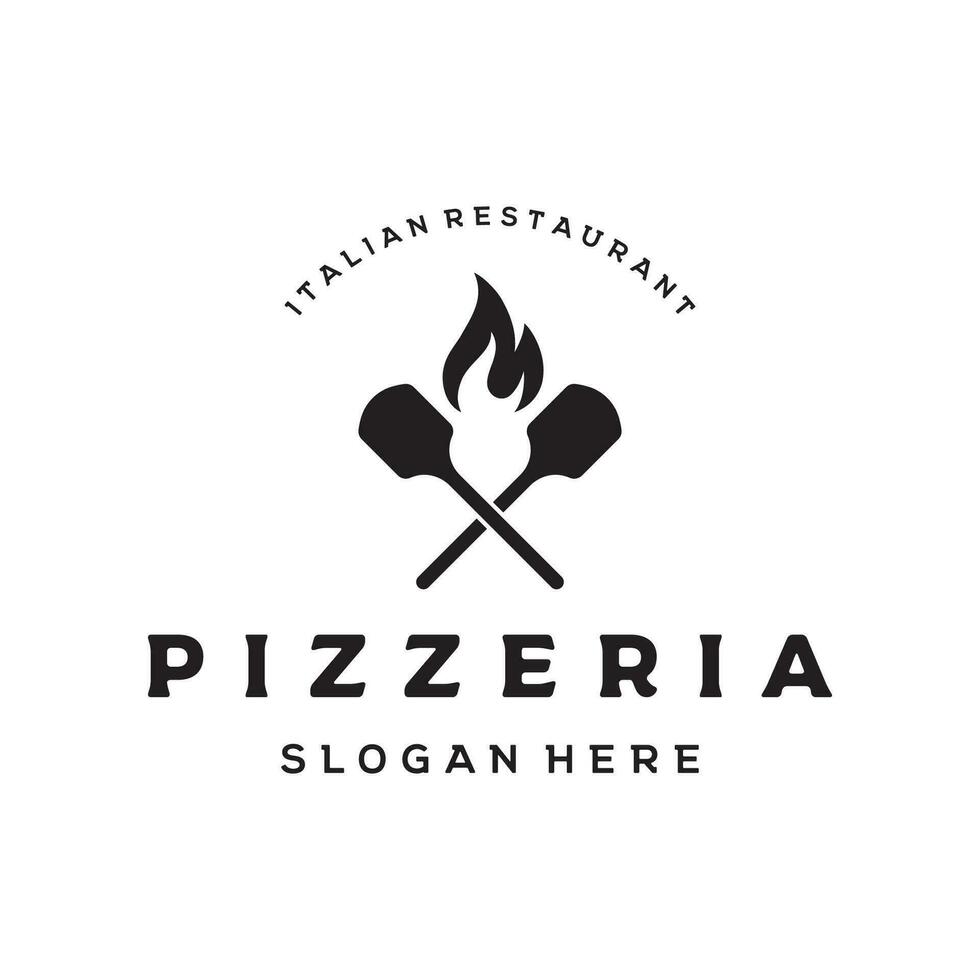 Pizza logo modelo diseño con pala y ladrillo horno.logo para negocio, restaurante,italiano alimento. vector