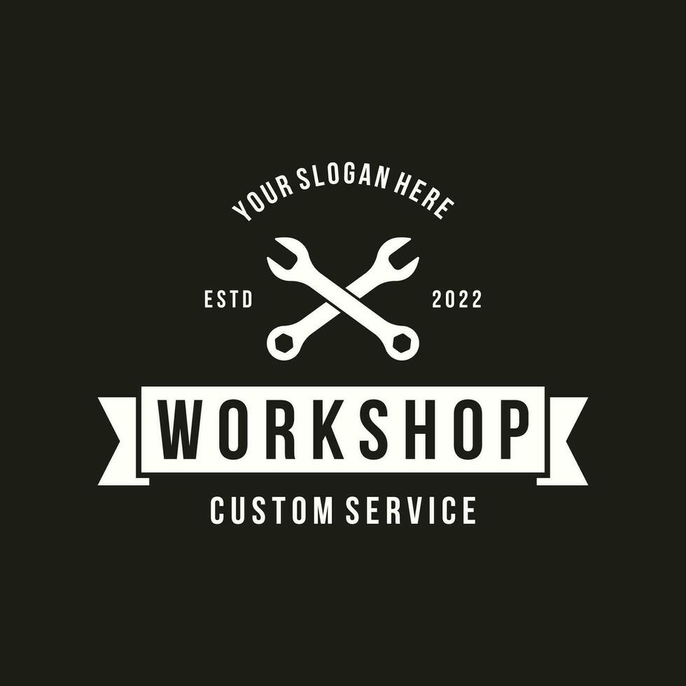 Crossed wrench logo template design with vintage gear.Logo for workshop, badge, industry,service or repair and mechanic. vector