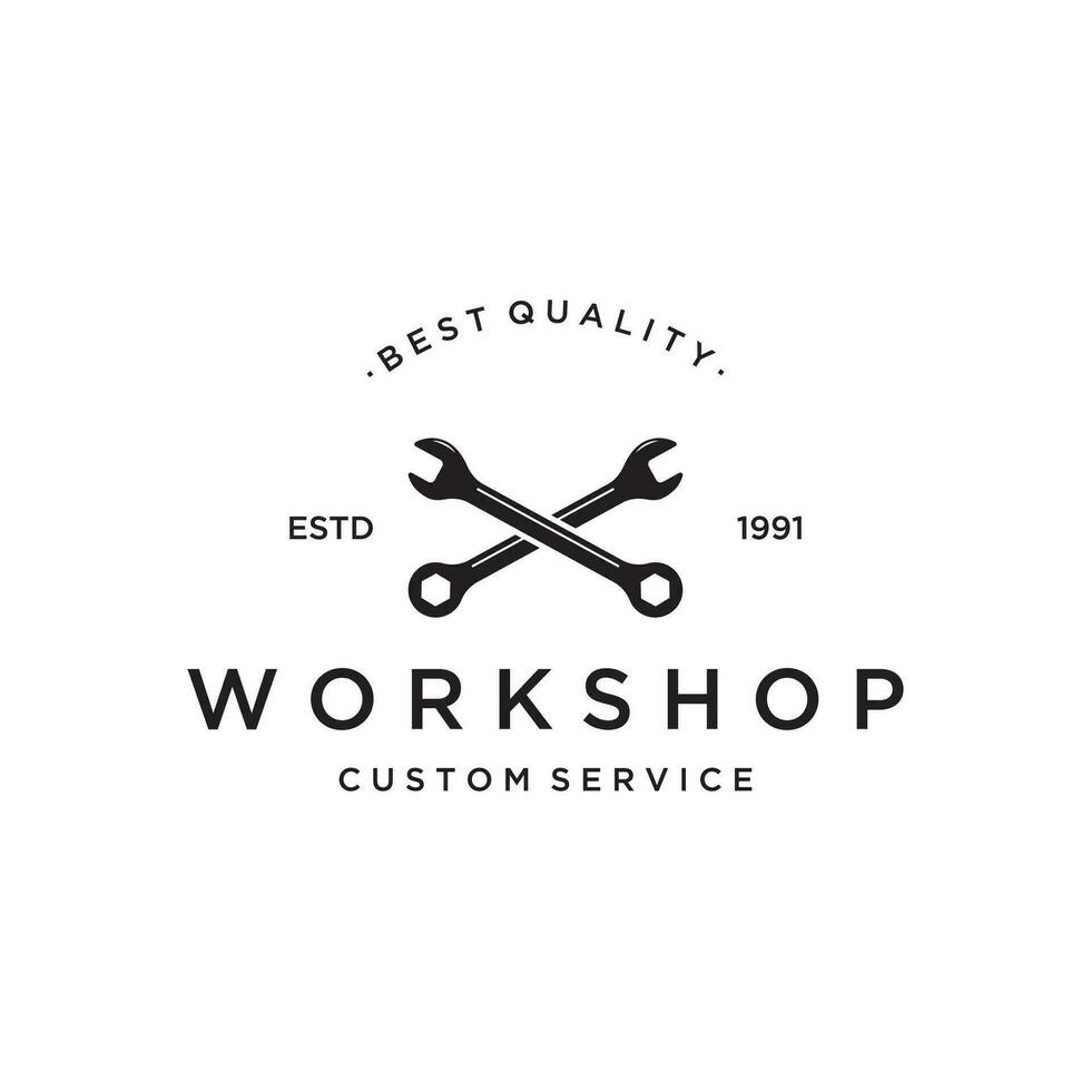 Crossed wrench logo template design with vintage gear.Logo for workshop, badge, industry,service or repair and mechanic. vector