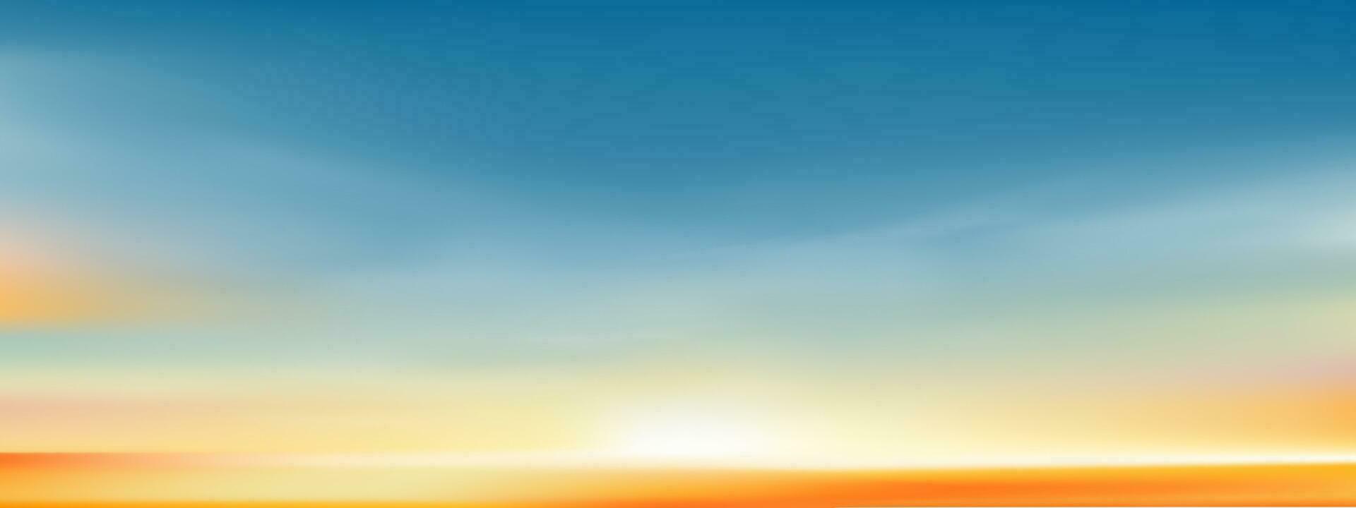 puesta de sol cielo fondo, amanecer con amarillo y azul cielo, naturaleza paisaje romántico dorado hora con crepúsculo cielo en noche después Dom amanecer, vector horizonte bandera luz de sol para cuatro estaciones concepto