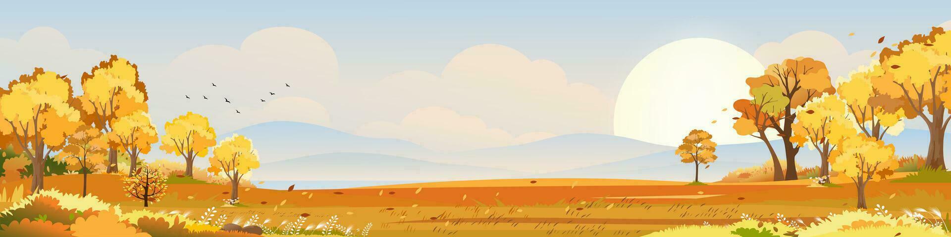 otoño paisaje paisaje con Mañana cielo y nube terminado bosque arboles con otoño hojas,vector bandera maravilloso pintoresco antecedentes con amarillo follaje, dibujos animados color naturaleza otoño temporada antecedentes vector