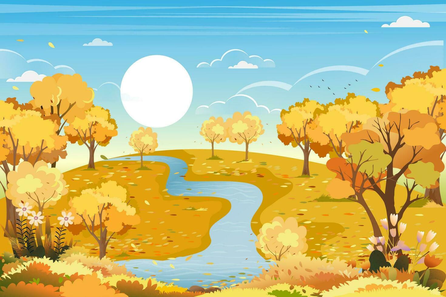 otoño paisajes Mañana cielo por el río en campo, vector panorámico de otoño bosque con granja campo, montañas con hojas que cae desde árbol en Amarillo naranja follaje. otoñal mundo maravilloso concepto