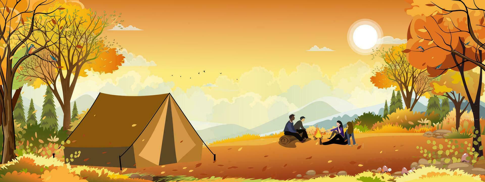 familia disfrutando de vacaciones acampando en el campo en otoño, grupo de personas sentadas cerca de la carpa y fogata divirtiéndose hablando juntos, paisaje rural vectorial en el árbol del bosque de otoño con cielo de puesta de sol vector