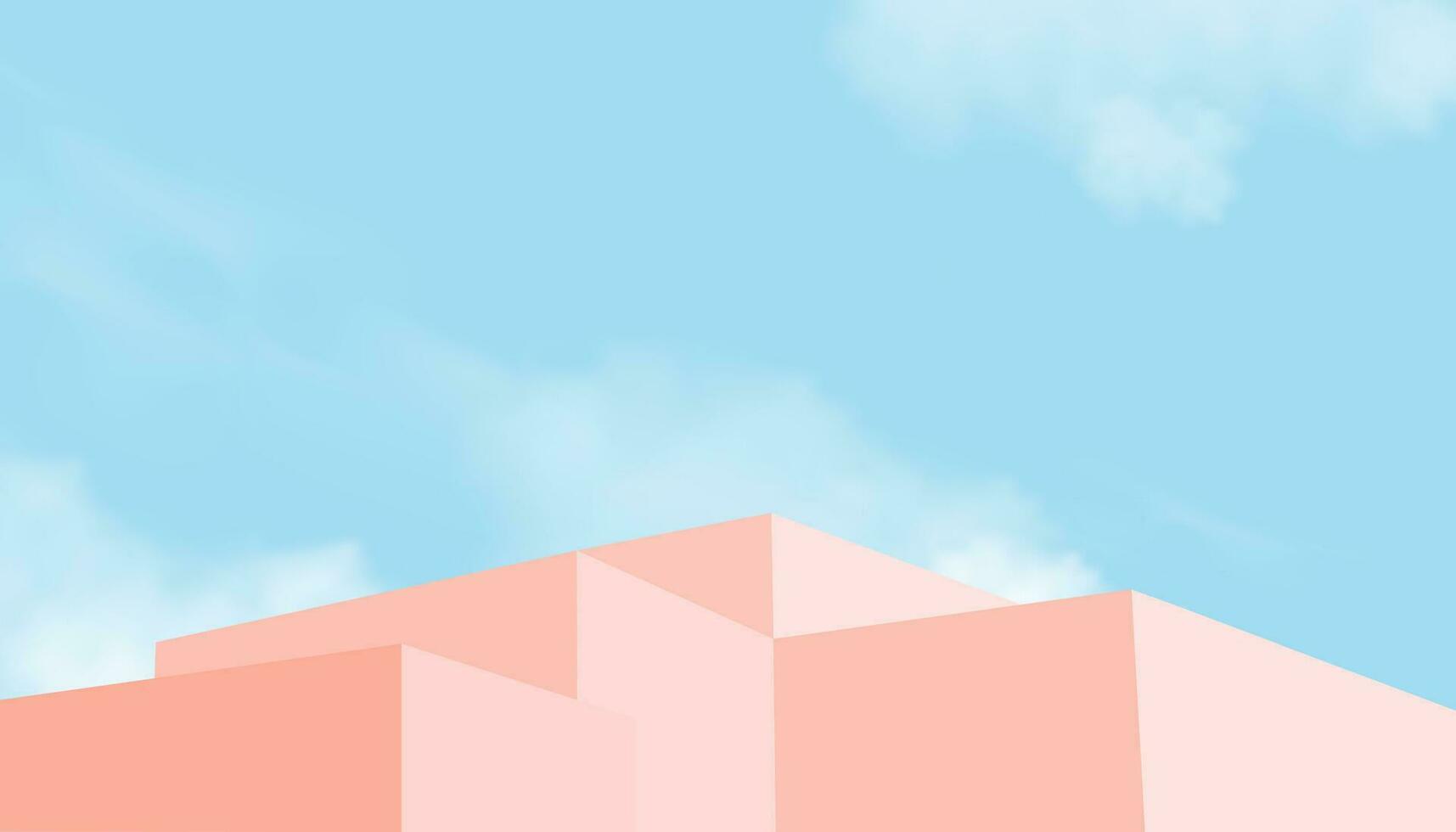 cielo azul y nubes antecedentes con 3d beige podio paso, vector ilustración bandera con etapa escaparate Bosquejo, mínimo diseño fondo para primavera, verano venta, cosmético producto